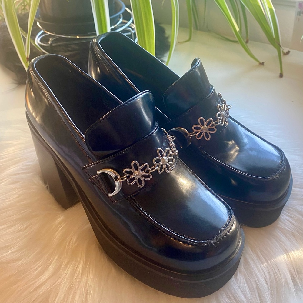 dELiA*s Black Platform Loafers with Silver Floral Details